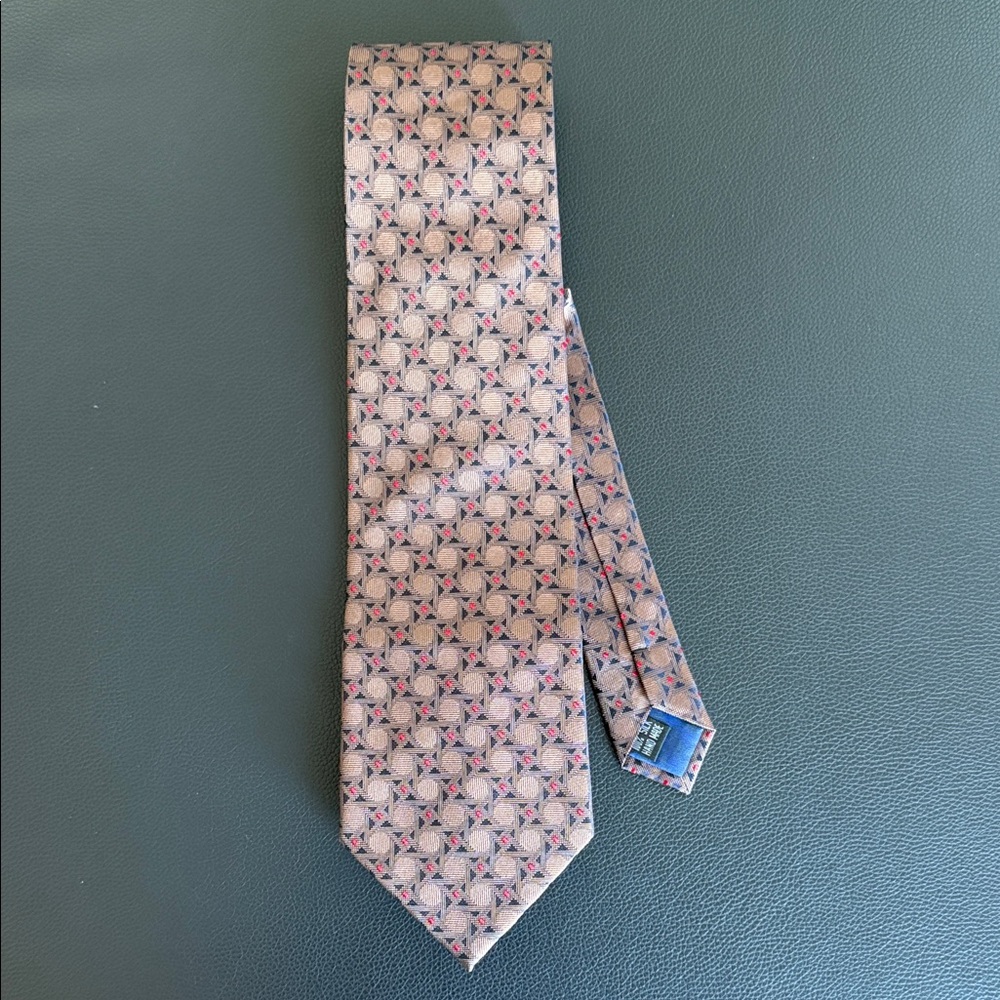 Milano Silk Tie Geometric 100% Handmade Brown Tan with Black and Red Accents
